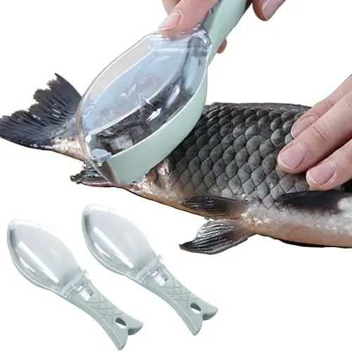 Produktbild: Ulawellor 2 Stück Fischentschupper Kunststoff Fischschuppen Entferner,Kunststoff Fischschuppenschaber,Fisch Scaler Fischschuppen Entferner mit Klarer Abdeckung für Haus,Küche,Restaurant (Blau)
