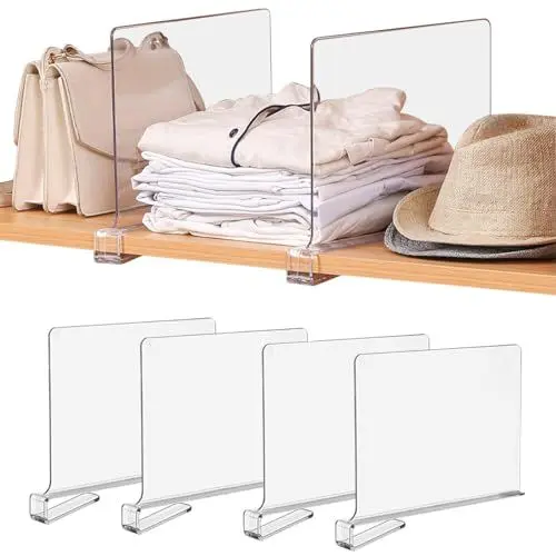 Produktbild: Transparente Acryl Regaltrenner Kleiderschrank 30 x 20 cm Kleiderschrank Trenner,Verstellbarer Kleiderorganisator,Ohne Bohren Regalteiler für Handtaschen Aufbewahrung,Kleidung,Bücher-4 Stück