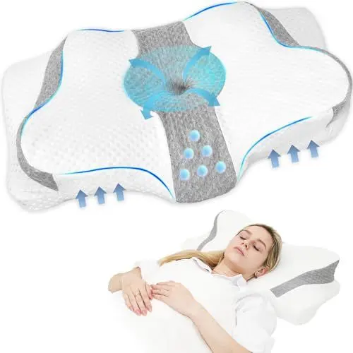 Produktbild: Ulcreigo Nackenkissen Kopfkissen Orthopädisches Kissen mit Ergonomisches，Nackenstützkissen für Nackenschmerzen，Memory Foam Schlafkissen（Weiß + Grau）
