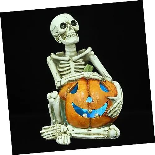 Produktbild: ULDIGI Resin Skelett Dekoration Mit Kürbis Halloween Tischornament Leicht Detailliert Für Zuhause Oder Büro Dekorative Figuren Ohne Batterie
