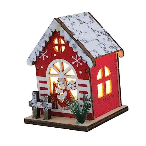 Produktbild: ULDIGI Engel Mini Holzhaus Mit Licht Weihnachtsschmuck Rot Holzhandwerk Weihnachten Glowing House Decor