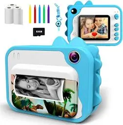 Produktbild: uleway KinderKamera,DigitalKamera Sofortbildkamera Print 1080P 2.4 Zoll Bildschirm Videokamera Schwarzweiß Fotokamera mit 32GB Karte,3 Rollen Druckpapier 5 Farben Pinselstift Geschenk für Kinder, Blau