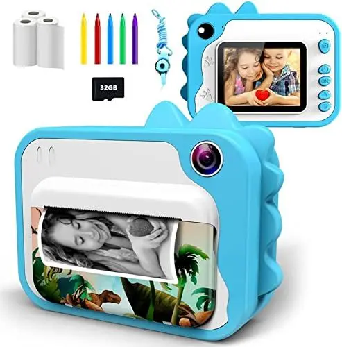 Produktbild: uleway KinderKamera,DigitalKamera Sofortbildkamera Print 1080P 2.4 Zoll Bildschirm Videokamera Schwarzweiß Fotokamera mit 32GB Karte,3 Rollen Druckpapier 5 Farben Pinselstift Geschenk für Kinder, Blau