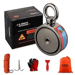 Produktbild: ULIBERMAGNET Doppelseitige Angelmagnete Superstark, kombiniertes 400kg N52 Neodym-Magnet-Angelset Starter mit Seil, Klaue, Handschuhen für magnetisches Angeln und Schatzsuche unter Wasser