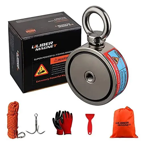 Produktbild: ULIBERMAGNET Doppelseitige Angelmagnete Superstark, kombiniertes 400kg N52 Neodym-Magnet-Angelset Starter mit Seil, Klaue, Handschuhen für magnetisches Angeln und Schatzsuche unter Wasser