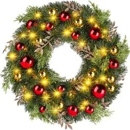 Produktbild: Ulinek Türkranz Weihnachten Batterie(40LED 40cm) Weihnachtskranz mit Beleuchtung künstlichen Tannennadeln Blätter Rot/Gold Kugeln aus PE Weihnachtsdeko für Haustür Treppe Schaufenster