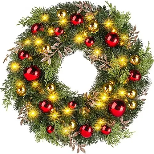 Produktbild: Ulinek Türkranz Weihnachten Batterie(40LED 40cm) Weihnachtskranz mit Beleuchtung künstlichen Tannennadeln Blätter Rot/Gold Kugeln aus PE Weihnachtsdeko für Haustür Treppe Schaufenster