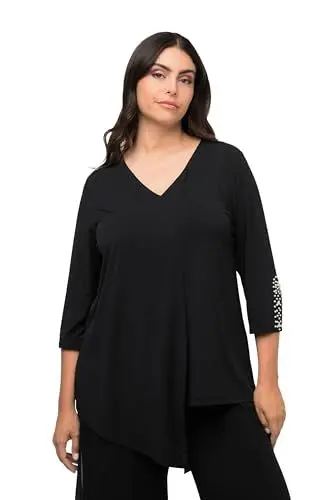 Produktbild: Ulla Popken Damen Asymmetrische Perlendetail am Ärmel Bluse, schwarz, 42-44