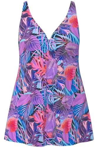 Produktbild: Ulla Popken Damen Badekleid Palmen Recycling Badeanz ge, Schwarz, 42 EU