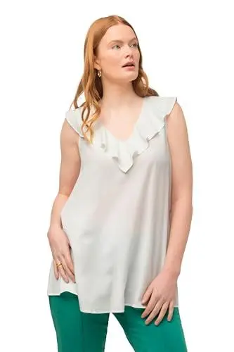 Produktbild: Ulla Popken Damen Blusentop mit Volant Bluse, Offwhite, 54-56