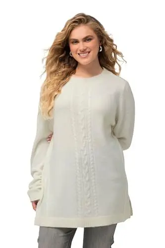 Produktbild: Ulla Popken Damen Cabel Strickpullover mit Mock Kragen Strickjacke, Offwhite, 42-44