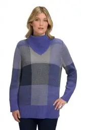 Produktbild: Ulla Popken Damen, Karomuster, Stehkragen, Langarm Pullover, anthrazit Melange, 50-52