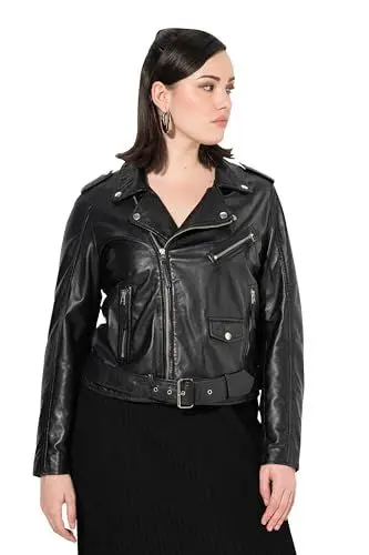Produktbild: Ulla Popken Damen Lederjacke im Bikerstil Jacke, schwarz, 44