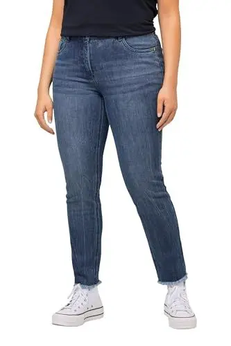 Produktbild: Ulla Popken Damen Sarah, Schriftdruck, High Waist, schmal, Fransen Jeans, Blue Denim, 38W / 32L