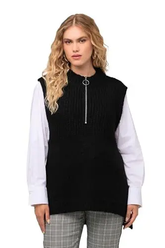 Produktbild: Ulla Popken Damen Strickpullunder mit Zipper Pullover, schwarz, 58-60