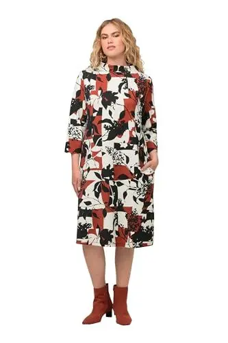Produktbild: Ulla Popken Damen Sweatkleid mit Kragen und Blätterdruck Kleider, schwarz, 42-44