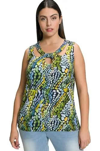 Produktbild: Ulla Popken Damen Top, Pinselmuster, Rundhals, ärmellos, Leinenmix Blusen, Marine, 50-52