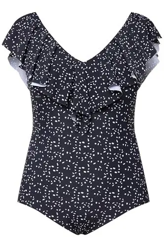 Produktbild: Ulla Popken Damen, V-Neck Volant Recycling, Alice Badeanzug, schwarz, 58