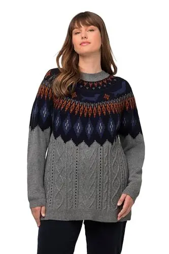 Produktbild: Ulla Popken Damen Zopfpullover Norweger Hund Pullover, grau Melange, 42-44