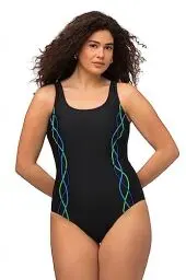 Produktbild: Ulla Popken Damen Badeanzug, Pipings, Unterbrustband, Vorderfutter T-Shirts, Schwarz, 48 EU