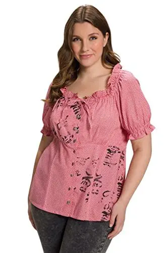 Produktbild: Ulla Popken Damen große Größen Übergrößen Plus Size Trachten-Carmenbluse, Vichy-Karo, Herzknöpfe, Halbarm rot 44 808147530-44
