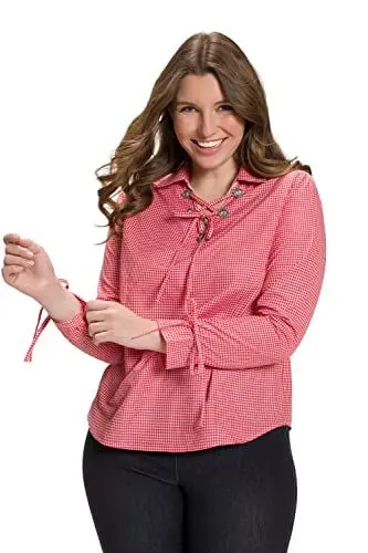 Produktbild: Ulla Popken Damen große Größen Übergrößen Plus Size Trachtenbluse, Karo, Hemdkragen, Schnürung, Halbarm rot 48 808221530-48