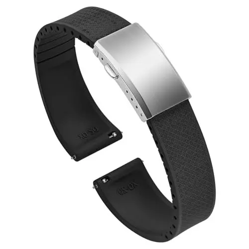 Produktbild: ULLCHRO Uhrenarmband 20mm 22mm Gummi FKM Schnellverschluss, Fluorkautschuk Armband für Herren mit Edelstahl Schnalle, Ersatzarmband für Uhren für Sportuhren und Taucheruhren (22mm, Schwarz)