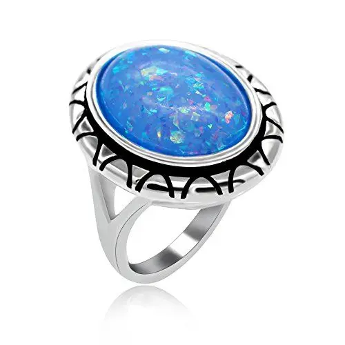 Produktbild: Uloveido Dainty Oval Lab Big Royal Blue Feueropal Engagement Hochzeit Ring Platin beschichtet für Frauen Mädchen Größe 54 (17.2) RA0309