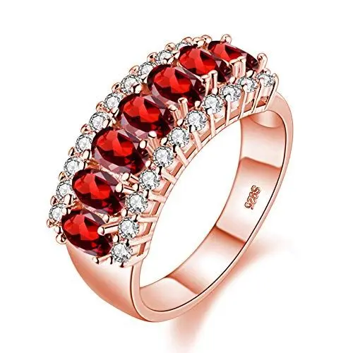 Produktbild: Uloveido Damen Roségoldbeschichteter Ovalschliff Roter Zirkonia 7-Steine Hochzeitsband, Simulierter Granat Geburtssteinring J501 (Rot, Größe 17.25)