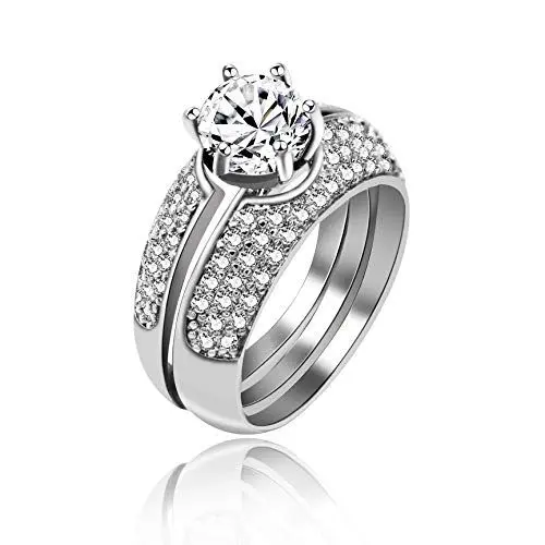 Produktbild: Uloveido Mode Platin Überzogen Solitaire Diamant Akzent Hochzeit Ringe Runde Zirkonia Versprechen Stacking Sets für Frauen Mädchen (Größe 59) Y432