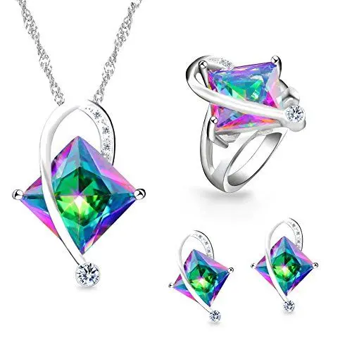 Produktbild: Uloveido Mode Weißes Gold Überzogene Große Quadratische Regenbogen Zirkonia Halskette Post Ohrstecker Solitaire Fingerringe Brautschmuck Set (Multi, Größe 62) T295