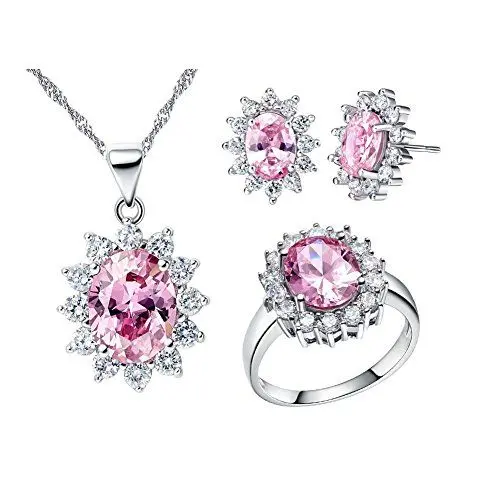 Produktbild: Uloveido Rosa CZ Stein Diamant Brautschmuck Set Günstige Ohrringe Halskette und Ring für Mädchen T466