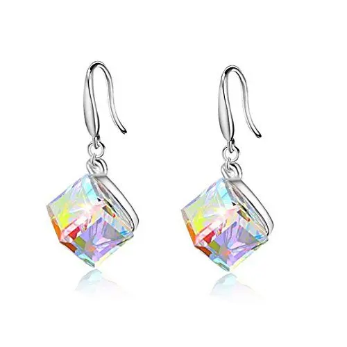 Produktbild: Uloveido Sterling Silber French Hook Drop Ohrringe mit Square Cube Swarovski-Kristallen - Modeschmuck Geschenk für Frauen Mädchen (Box Verpackung) Y418-E