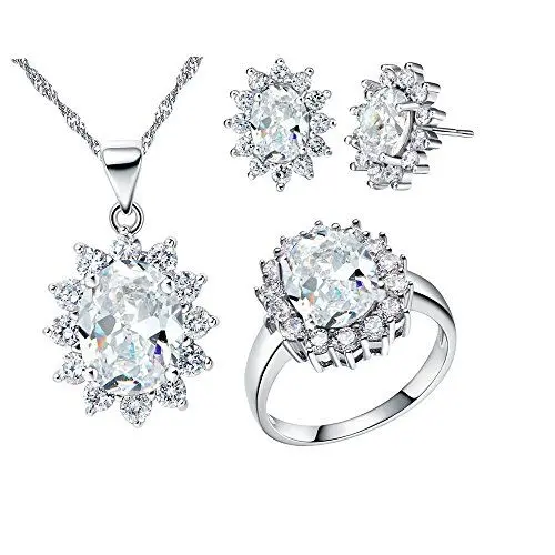 Produktbild: Uloveido Weiß Zirkonia Platin beschichtet Hochzeit Schmuck Set Halskette Ohrringe und Ring für Frauen T466