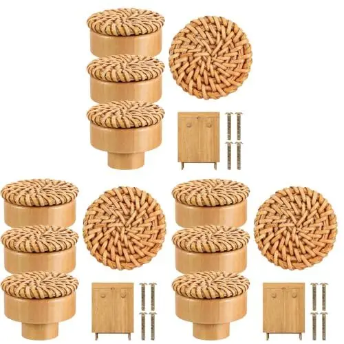 Produktbild: ULTECHNOVO 12Er-Pack Kommodenknöpfe Aus Boho-Rattan Handgefertigte Schubladenknöpfe Aus Holz Langlebige Schubladengriffe Aus Buchenholz Mit 12 Schrauben Aus Korbgeflecht Für Schränke Möbel
