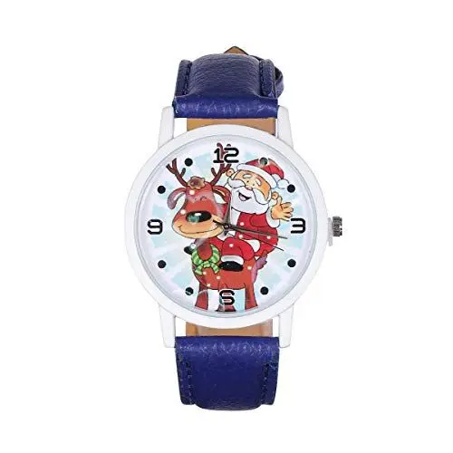Produktbild: ULTECHNOVO 1 x Weihnachtsuhr, Cartoon-Elch-Muster, Quarzuhr mit Ledergürtel (Königsblau)