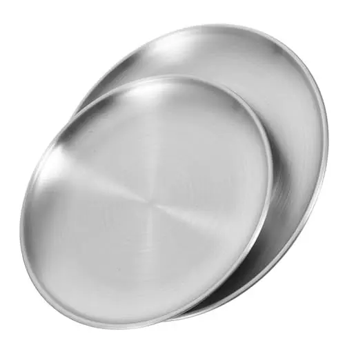 Produktbild: ULTECHNOVO 2 Stück Edelstahl Teller Lebensmittelpfannen Dekoratives Serviertablett Besteck Speiseteller Grillteller Steakteller Edelstahl Dekoratives Tablett Snack Tablett