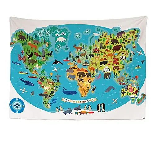 Produktbild: Ulticool - Weltkarte Tiere Natur – Wandteppich – 200 x 150 cm Poster Dekoration – Geschenk für Mädchen Jungen – Dekoration – Steppdecke – Teppich – Leinwand – Malerei – Zubehör Wandteppich