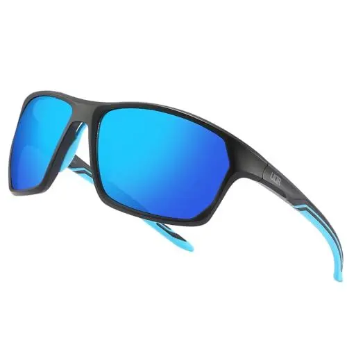 Produktbild: ULTR Sonnenbrille Herren Polarisiert RAYZ - Sport Sonnenbrille für Damen - Bequeme Sportbrille Verspiegelt für Fahrrad, Sport, Laufen, Retro Sunglasses Men (Schwarz (Blaues Glas))