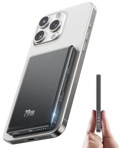 Produktbild: Ultra Slim iPhone Powerbank für Magsafe, Ntaanoo Magnetische Power Bank Induktives Laden 5000mAh, 20W Schnellladung Wireless Externe Handyakkus Kabelloses Akkupack für iPhone 16/15/14/13/12, Schwarz