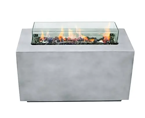 Produktbild: Ultranatura Feuertisch mit Umrandung aus Spezialglas, rechteckige Feuertisch mit Gasbetrieb für Terrasse und Garten, elektronische Zündung, inkl. Regenschutzhaube & Lavasteinen, Grau
