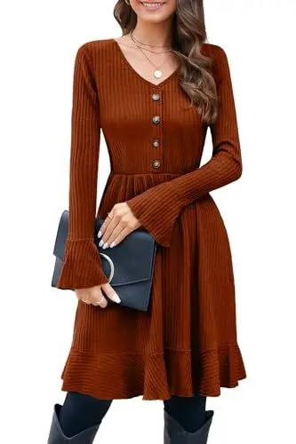 Produktbild: ULTRANICE Strickkleid Damen Herbstkleid Winterkleid V Ausschnitt Pulloverkleid mit Deko Knopf Herbst Winter Kleid (Brown, M)