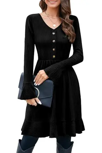 Produktbild: ULTRANICE Strickkleid Damen Herbstkleid Winterkleid V Ausschnitt Pulloverkleid mit Deko Knopf Herbst Winter Kleid (Schwarz, L)