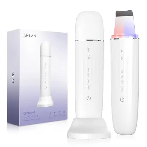 Produktbild: Ultraschallpeelinggerät ANLAN Skin Scrubber Ultraschall Rote und Blaue Lichttherapie IPX7 Wasserdicht Face Scrubber Porenreiniger Mitesser Akne Entferner mit Ladestation für Gesichtsreinigung