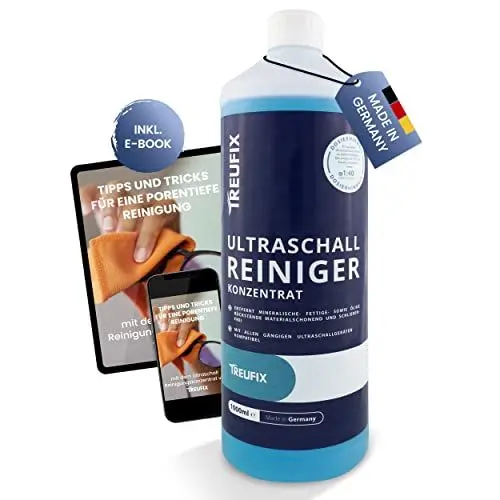 Produktbild: Treufix - Ultraschallreiniger Konzentrat für maximale Sauberkeit | Effektiver Brillenreiniger, Zahnreiniger zur Reinigung von Schmuck, Münzen etc. im Ultraschallbad 1L Made in DE