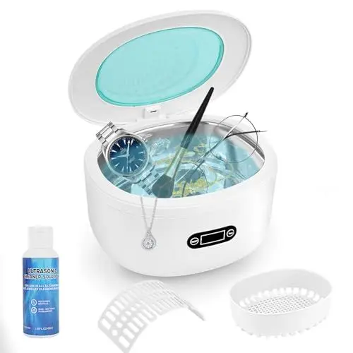 Produktbild: Ultraschallreinigungsgerät 750ml Ultraschallreiniger Ultraschallgerät für Reinigung von Brillen Schmuck Uhren Zahnersatz Pinsel Münze 48KHz, Mit Ultraschallreiniger Konzentrat 50ml (weiß)
