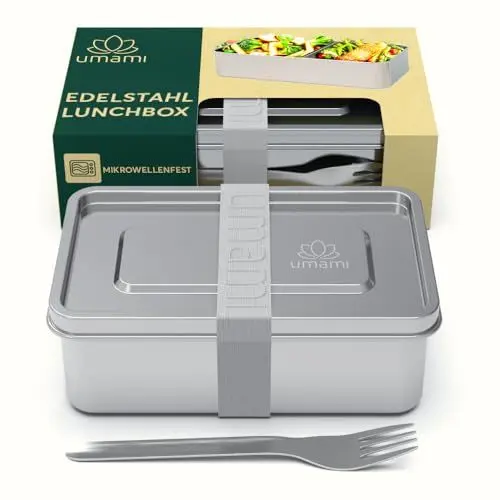 Produktbild: Umami Edelstahl-Lunchbox mit Gabel & Verstellbarem Trenner, Mikrowellen Spülmaschinenfest, Auslaufsicher für Erwachsene, Kliene Edelstahl-Bento-Box, Metall-Bento-Box
