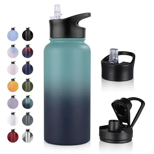 Produktbild: UMBFUN Edelstahl Trinkflasche - 1L - mit Strohhalm,Auslaufsicher,Kohlensäure Geeignet,BPA frei Thermosflasche(+2 Deckel) Vakuum Doppelwandisolierung für Sport,Reisen,Camping,Schule,Fahrrad,Gym