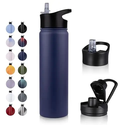 Produktbild: UMBFUN Edelstahl Trinkflasche - 750ml - mit Strohhalm,Auslaufsicher,Kohlensäure Geeignet,BPA frei Thermosflasche(+2 Deckel) Vakuum Doppelwandisolierung für Sport,Reisen,Camping,Schule,Fahrrad,Gym