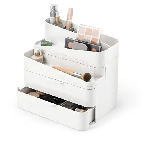 Produktbild: Umbra Glam Kosmetik Organizer, Modulare Aufbewahrungsbox mit 3 Schubladen und entnehmbaren Trennwänden, Weiss